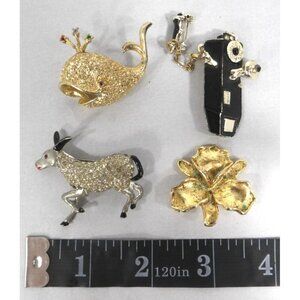 Set of 4 vintage pins brooches from the 1970's Whale, Telephone, Clover, Donkey